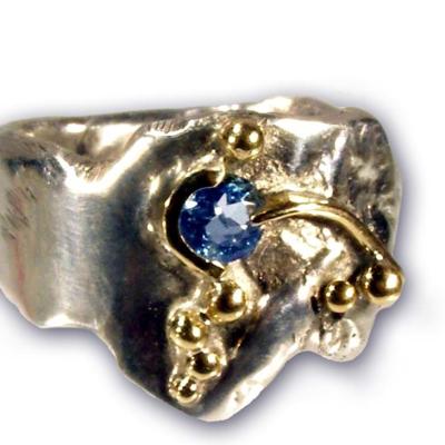 BAGUE ARGENT, OR ET AIGUE MARINE