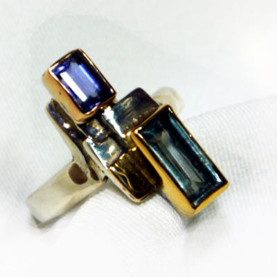 BAGUE ARGENT, OR, AIGUE MARINE ET IOLITE