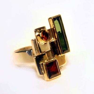 BAGUE ARGENT, OR, TOURMALINE, GRENAT ET CITRINE